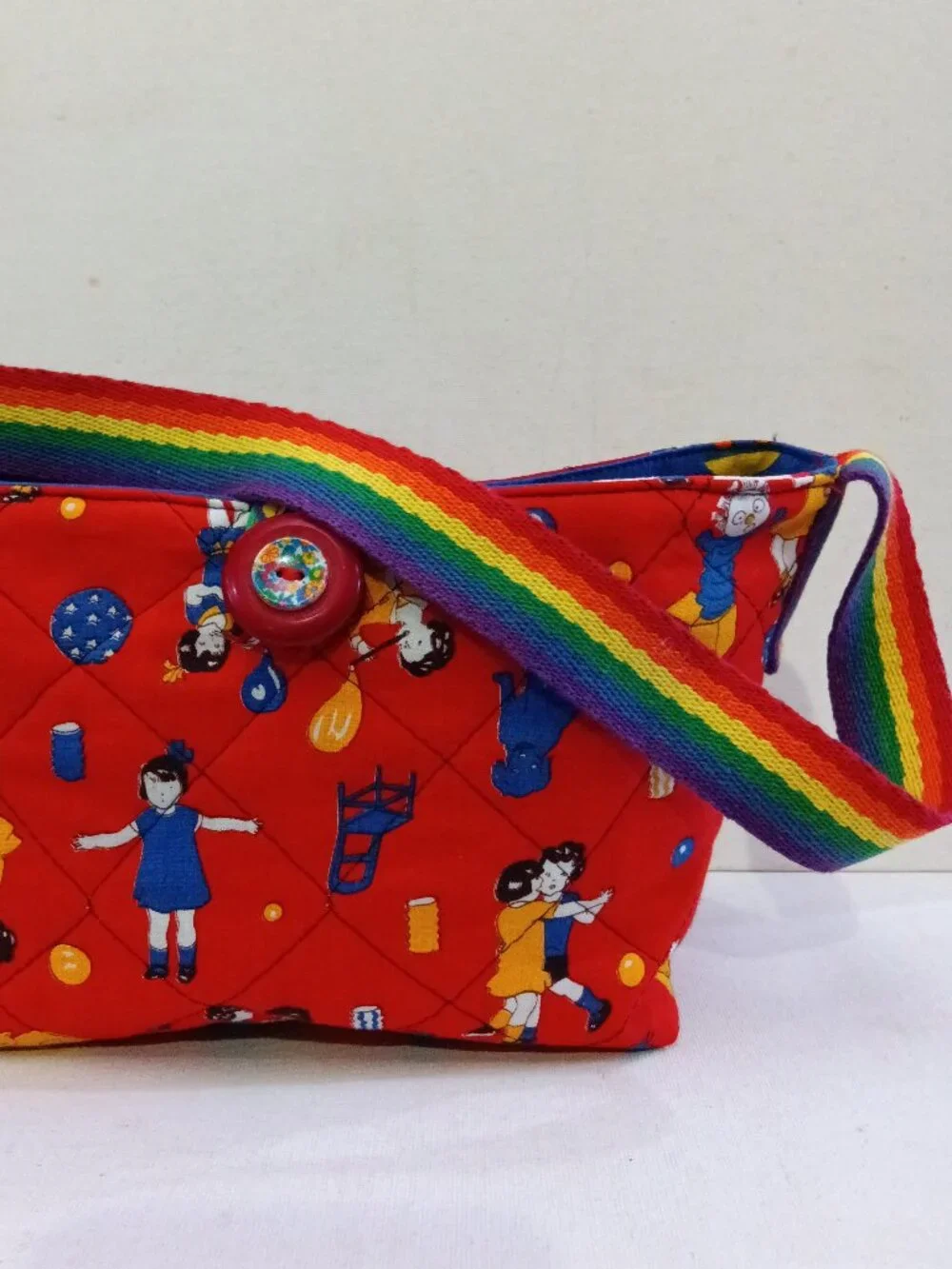 Children's Artisan Quilted Purse Tote Set, Vintage Motif Fabrics, Buttons, Robot